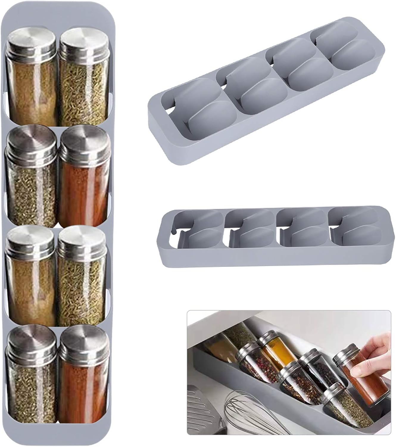 Uchwyt na słoiki z przyprawami, kuchenny stojak na przyprawy z 8 przegródkami i szufladą do przechowywania butelek z przyprawami, idealny do szafek i