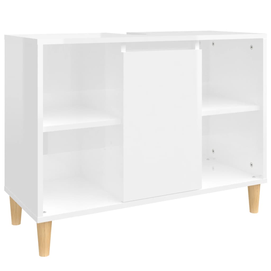 Armoire De Lavabo Blanc 63x29x55 Cm - Meuble Salle De Bain Bois Ingénierie, Rangement Sous Vasque Avec Porte Et Étagères Ouvertes