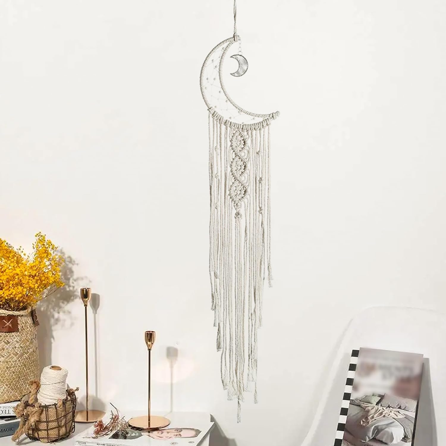 PATIKIL Acchiappasogni Boho A Forma Di Stella E Luna - Rosa - 20x100 Cm - Decorazione Murale In Macramè Con Perline E Nappe - Per Camera Da Letto, Matrimonio E Caffè - 2