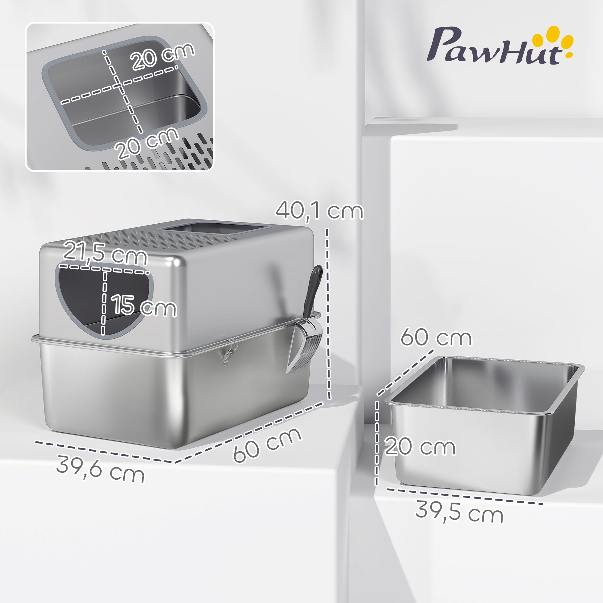 Arenero para Gatos PawHut Acero Inoxidable Plata 60x39.6x40.1 cm - 4