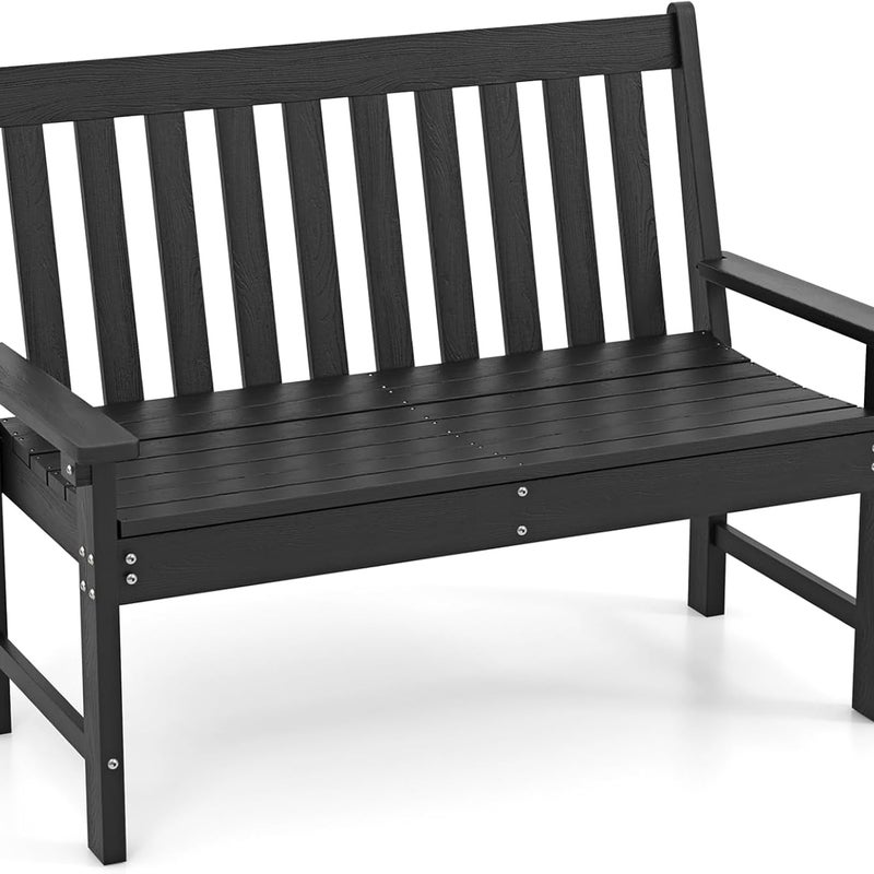 Ławka Ogrodowa dla 2 Osób, Ławka Zewnętrzna z HDPE z Oparciem i Podłokietnikami, Nośność 320 kg, na Patio, Taras, Balkon, 132 x 65 x 91 cm (Czarna)