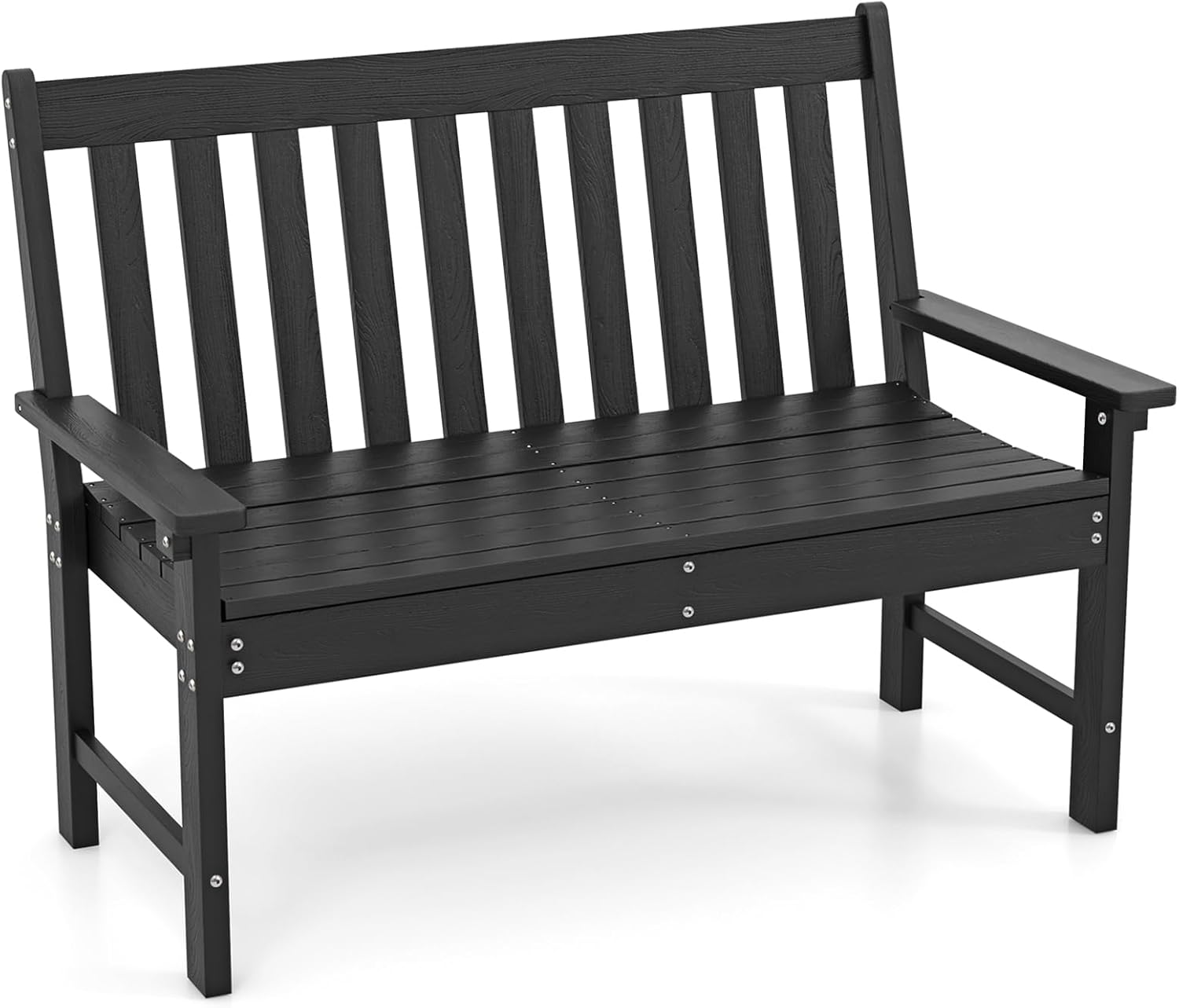 Ławka Ogrodowa dla 2 Osób, Ławka Zewnętrzna z HDPE z Oparciem i Podłokietnikami, Nośność 320 kg, na Patio, Taras, Balkon, 132 x 65 x 91 cm (Czarna)