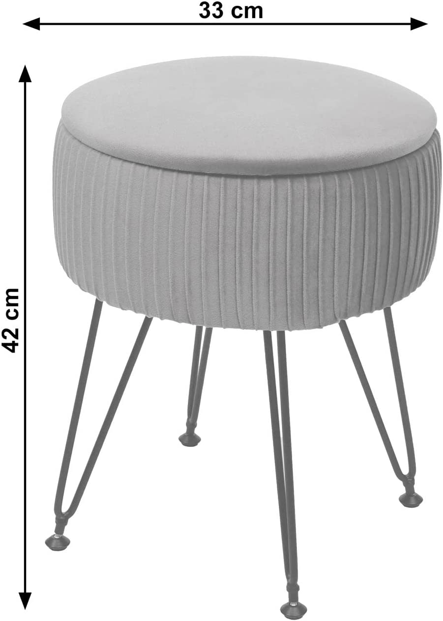 Tabouret avec compartiment de rangement Ø 33cm aspect velours gris clair cadre or TABO04012 - 5