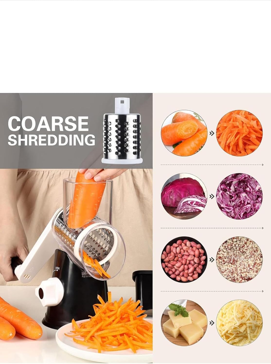 Grattugia per formaggio - Grattugia per verdure con 3 lame rotanti - Può essere utilizzata per grattugiare formaggio, cetrioli, carote, noci e altre - 2