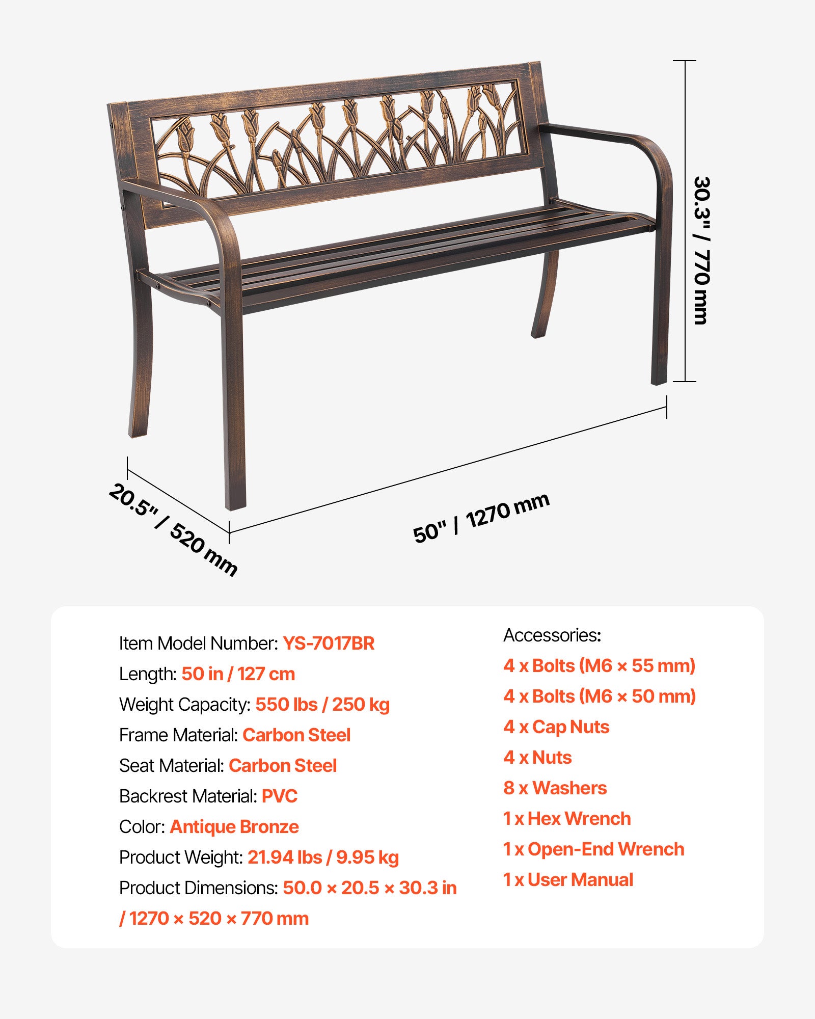 Banc de jardin,VEVOR 127 cm,en acier carbone avec dossier en PVC à motif floral et accoudoirs à bords arrondis,pour terrasse,parc,bronze antique - 7