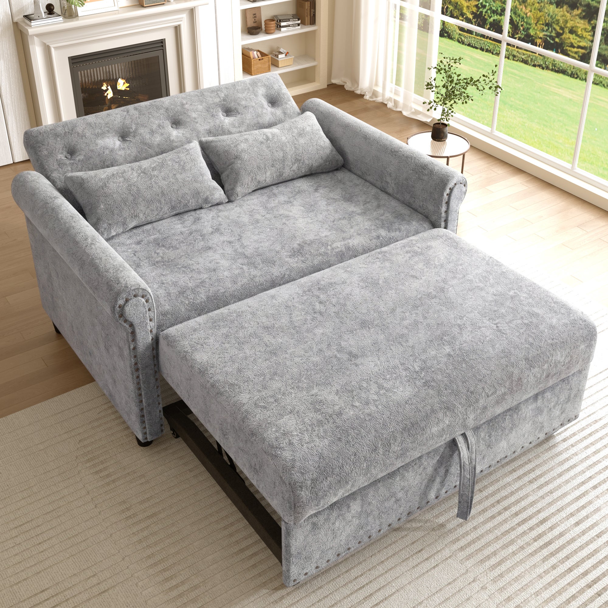 Sofa rozkładana 3 w 1 z odchylanym oparciem (110°/145°/180°) - Tkanina szenilowa - Powierzchnia spania 170 x 98 cm - 2 poduszki - Szary - 4