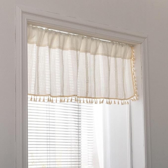 Zasłona do kawiarni Sheer - 90 x 60 cm (wys. x szer.) - 1 sztuka - haftowana - w paski z frędzlami - zasłona do łazienki - beżowo-biała