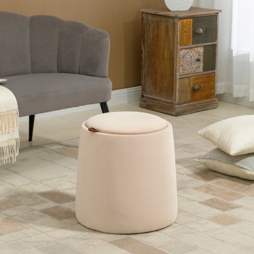 Pouf rond beige velours avec rangement et couvercle amovible Ø44×47,5 ...
