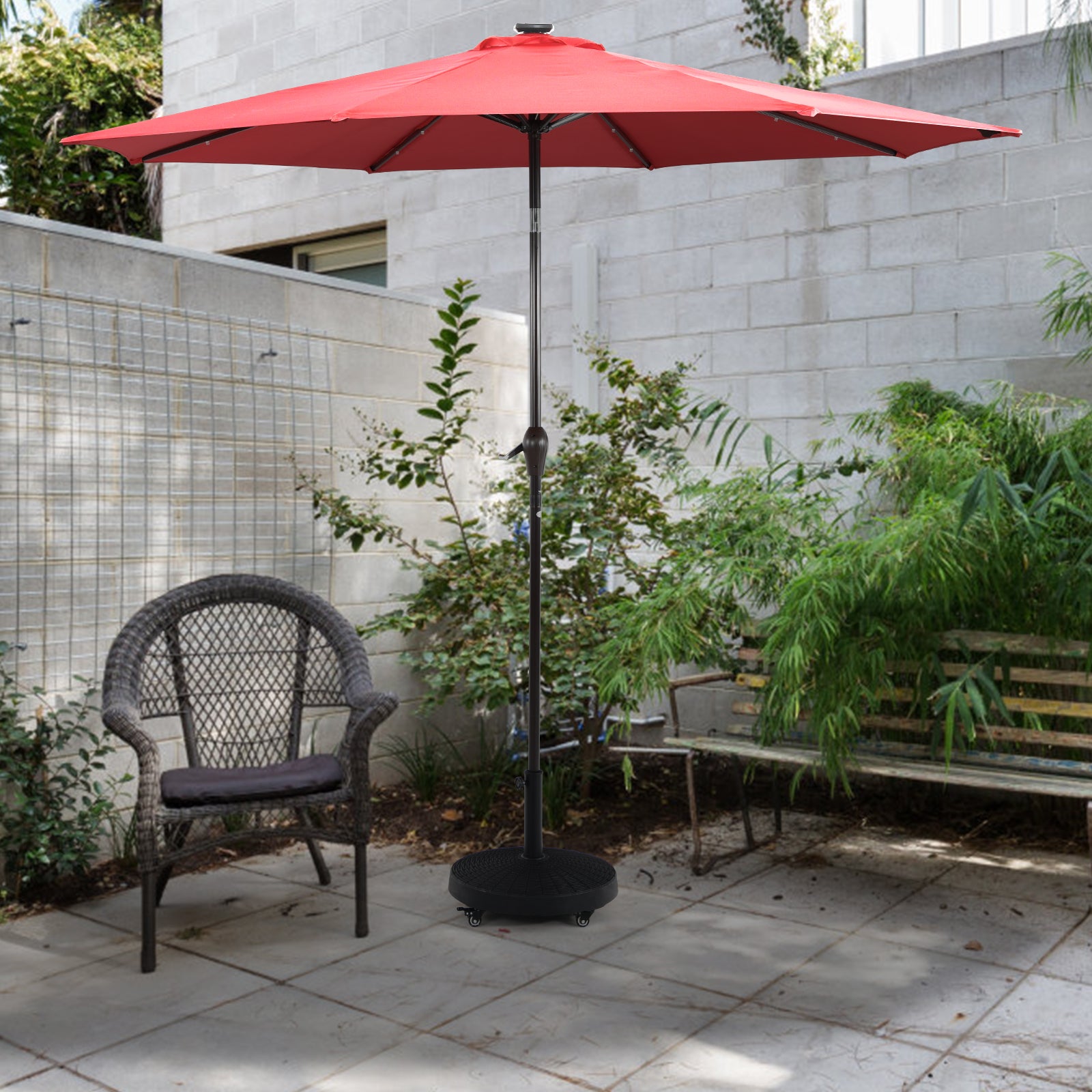 Pied de Parasol sur Roulettes φ52CM 23KG, Socle Parasol Extérieur en Résine avec Bouton Rotatif, Résistant aux Intempéries, pour Poteaux 38/48 mm - 9