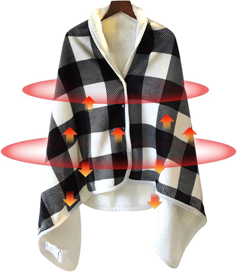 Manta térmica eléctrica a cuadros con usb (55 x 31,5 pulgadas), manta térmica portátil de forro polar con cierre a presión, poncho cómodo para el hoga