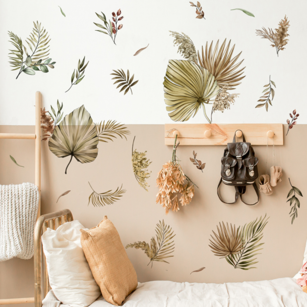 Adesivi murali con foglie di palma, adesivi murali con piante tropicali, decorazione murale per camera da letto, soggiorno e ufficio - 5