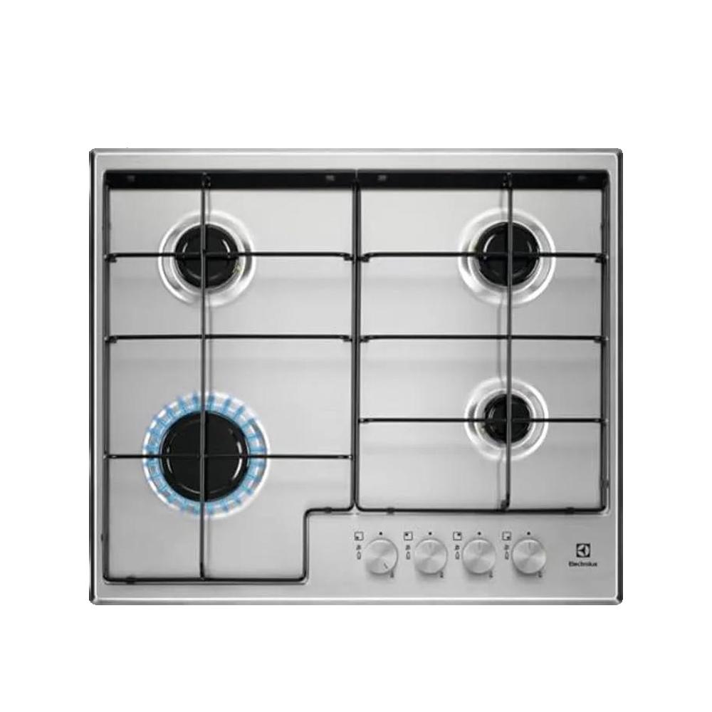 Placa de gas empotrada de acero inoxidable electrolux egs6424x con cuatro quemadores y rejillas planas esmaltadas