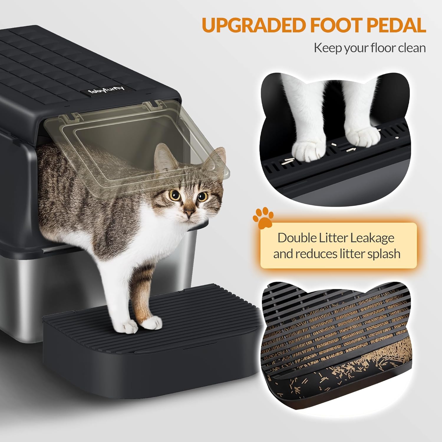 Caixa de areia para gatos em aço inoxidável com tampa, tabuleiro para areia para gatos, com pá e degrau, tampa articulada a 120°, preta. - 6