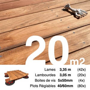 Kit complet terrasse bois exotique JATOBA pour 20 m² • Lames 3,35 m, lambourdes 3,35 m, plots réglables et visserie Inox • Livraison gratuite