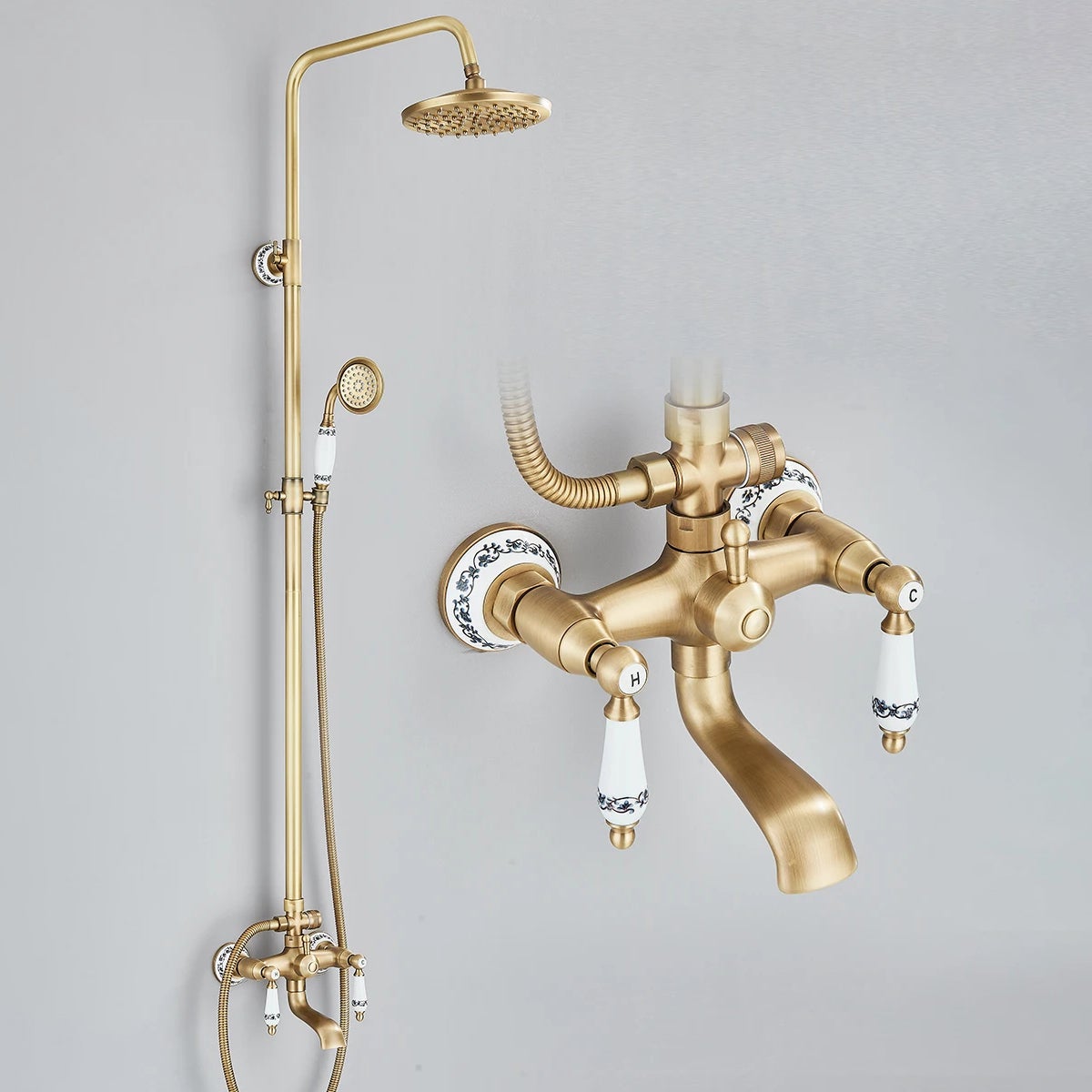 Colonna doccia in ottone anticato, set rubinetto doccia con portaoggetti, doccia a pioggia con doccetta e bocca per vasca, altezza regolabile - 6