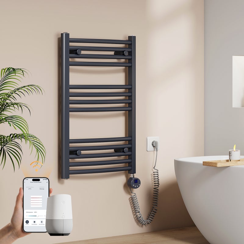 EMKE Grzejnik elektryczny łazienkowy Wygięta 75x50cm - Inteligentne Sterowanie z Programatorem Tygodniowym w Aplikacji - 300W - Matowy Antracyt