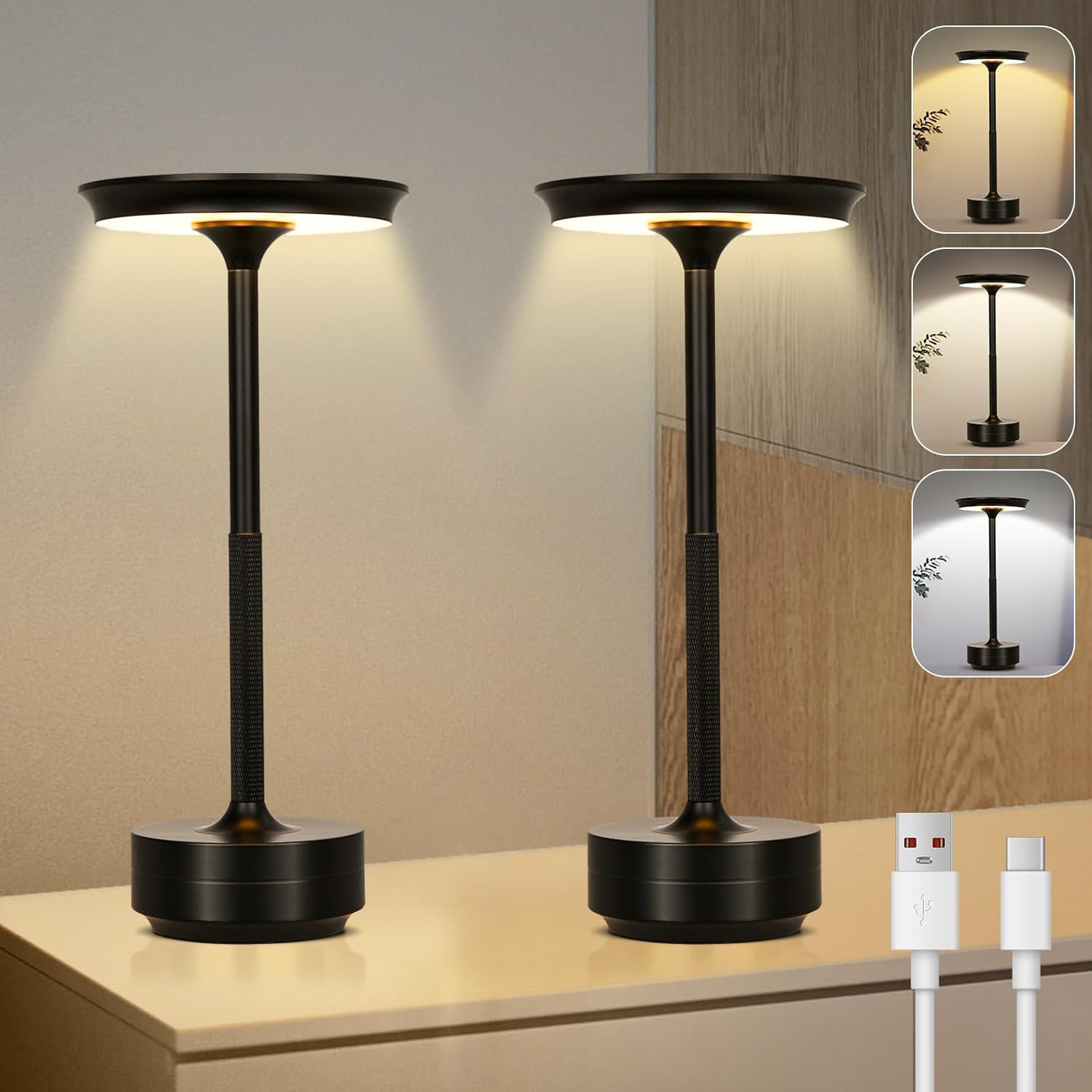 Bezprzewodowa lampa stołowa LED, akumulatorowa lampa stołowa z 3 temperaturami barwowymi, oświetlenie wewnętrzne/zewnętrzne, kolor czarny