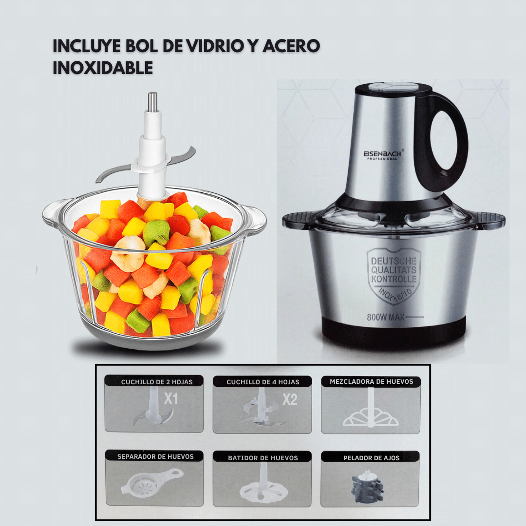 Picadora de 4 hojas en acero inoxidable 3 Litros 800w / bol Vidrio + bol acero inoxidable / Cabezal de Acero Inoxidable / 2 Velocidades - 2