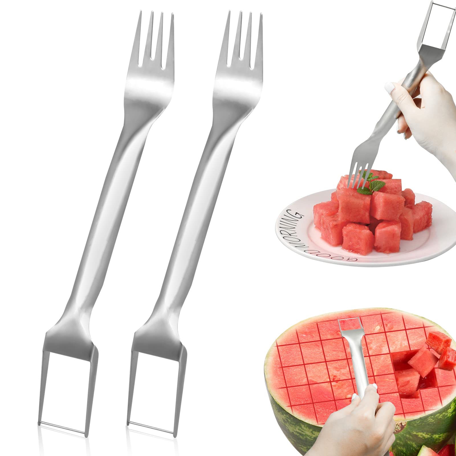 Meitianfacai Tête de Coupe de Fruits en Acier Inoxydable 2-en-1 Coupe-Pastèque Trancheuses Outil Portable Coupe-Vent Moulin à Pastèque Fourchettes à Fruits Rapidement pour la Maison