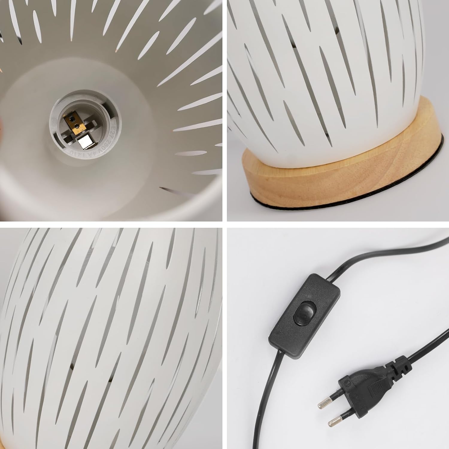 GOECO Lampe de Chevet E27, Lampe de Table avec Socle en Bois et Abat-jour en Métal Creux, Lampe de Bureau Décorative pour Chambre, Blanc - 4