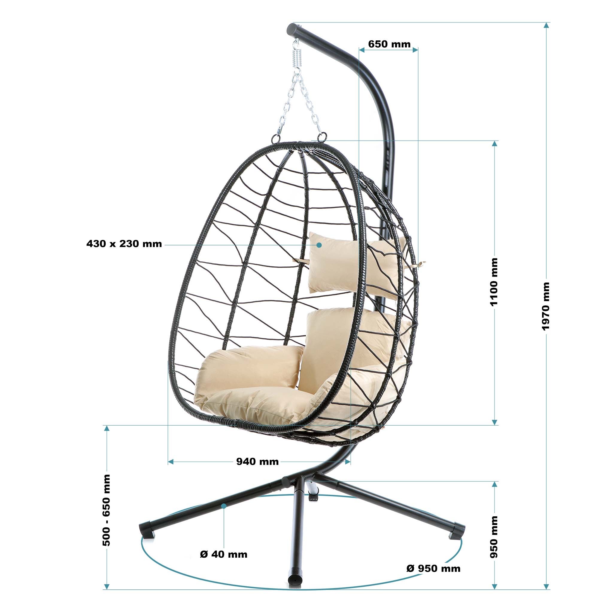 Fauteuil suspendu – 950 x 980 x 1980 mm – Capacité de charge max. 130 kg – OEuf Panier Chaise avec Support et coussin d’assise – Mobilier… Wiltec - 5