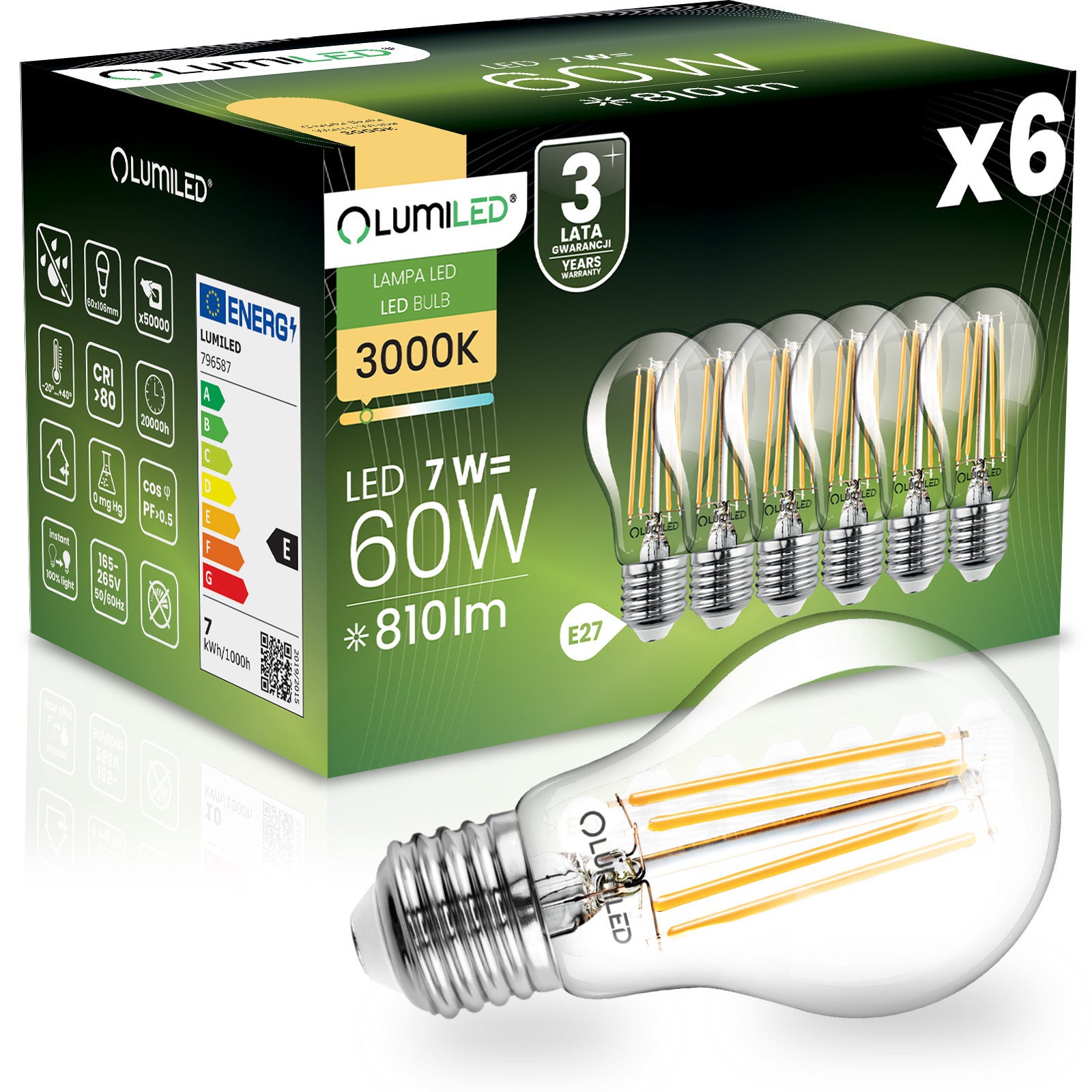Żarówka LED Lumiled E27 A60 7W 810lm 4000K Neutralna biel 360st Filament 6 szt.
