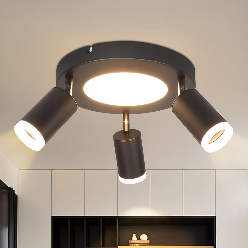 ZMH Reflektor sufitowy z 3 żarówkami GU10 20W, 3000k, czarny, regulowany w zakresie 350°, metalowy, odpowiedni do sypialni lub kuchni.