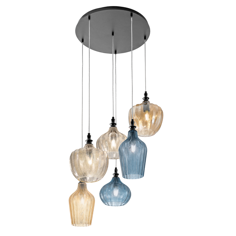 Gea Luce  Cleofe, Lámpara Colgante De 6 Luces Con Cristal Ámbar, Y Cobalto, 6Xe27 Max 6X60w, Elegante Diseño Moderno, Ip20 Ocre , Leroy Merlin