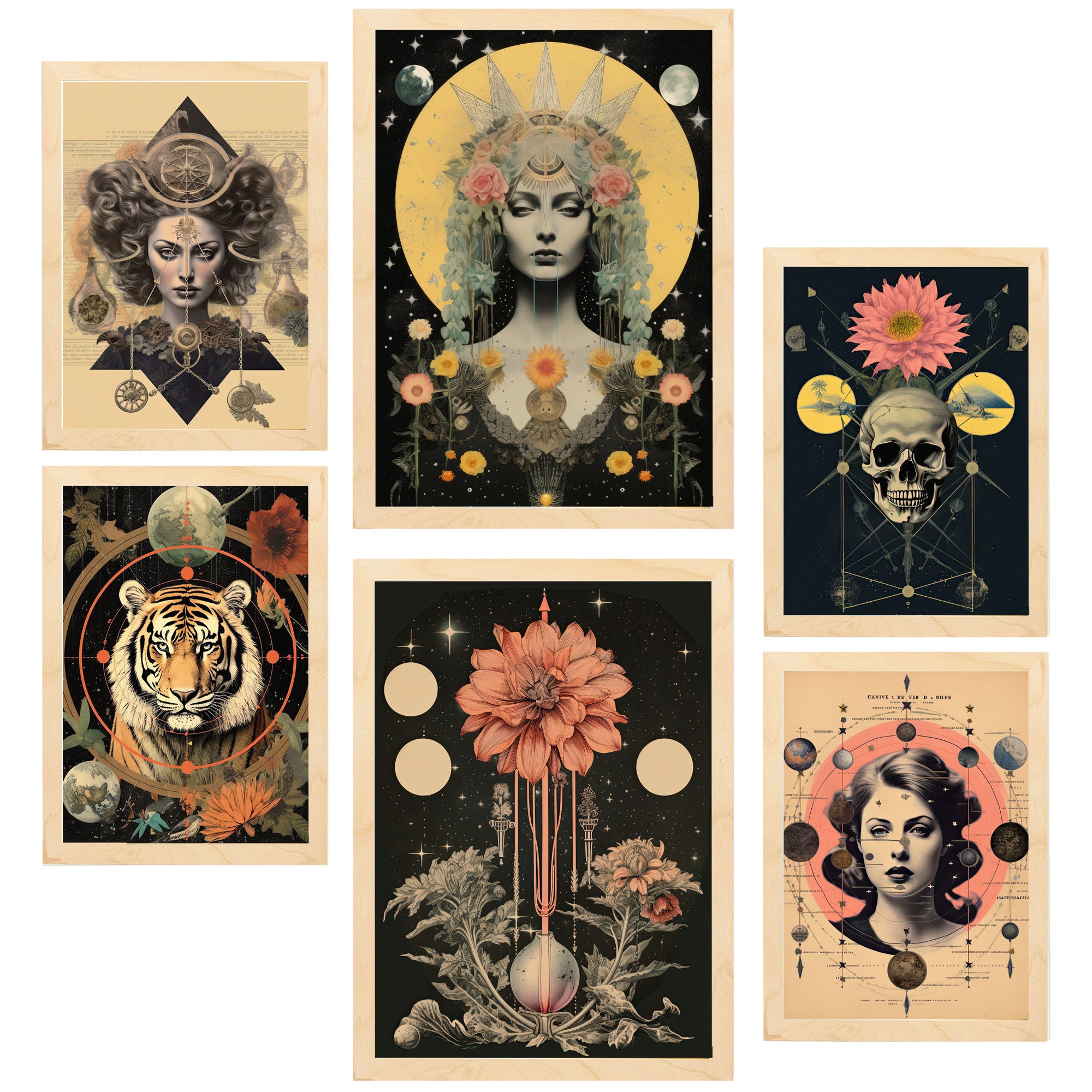 Nacnic set de 6 pósters collage ilustración surrealista estilo esoterico mistico marco madera clara
