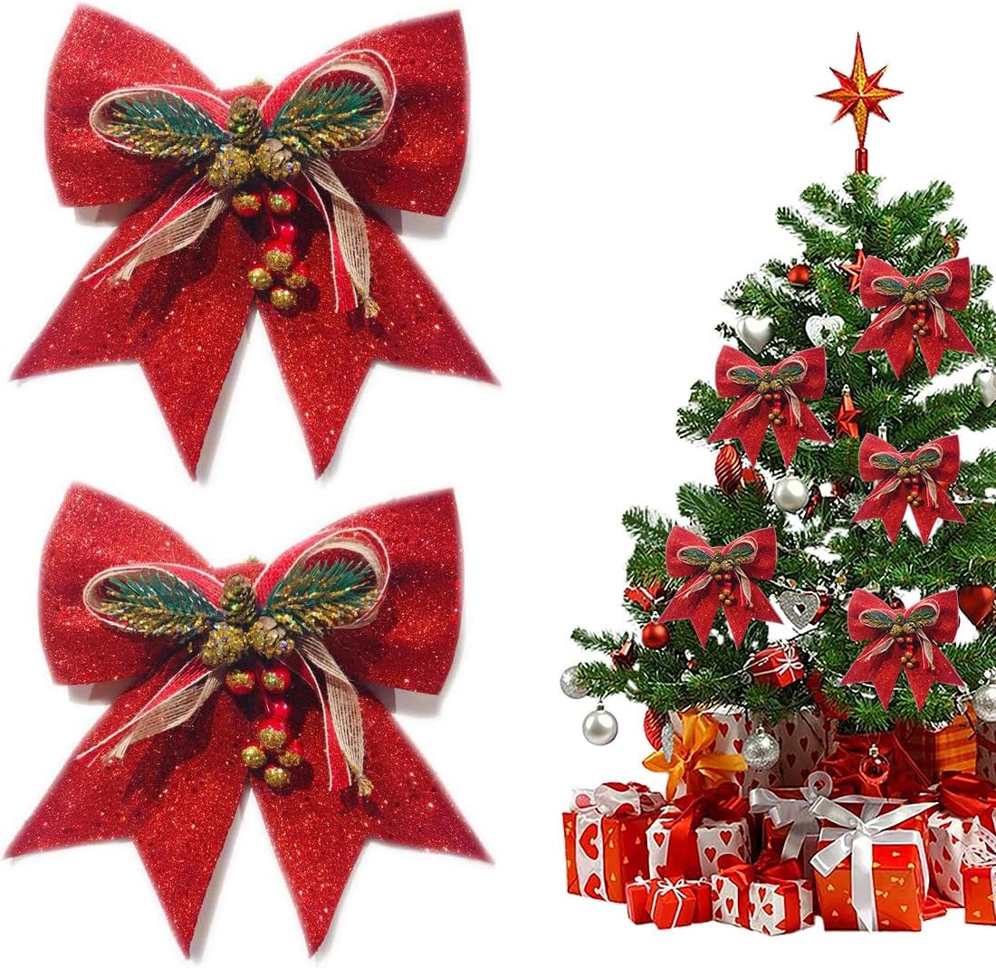 12 Fiocchi Di Natale Scintillanti Con Paillettes - Decorazioni Per Albero E Regali - Colore Rosso