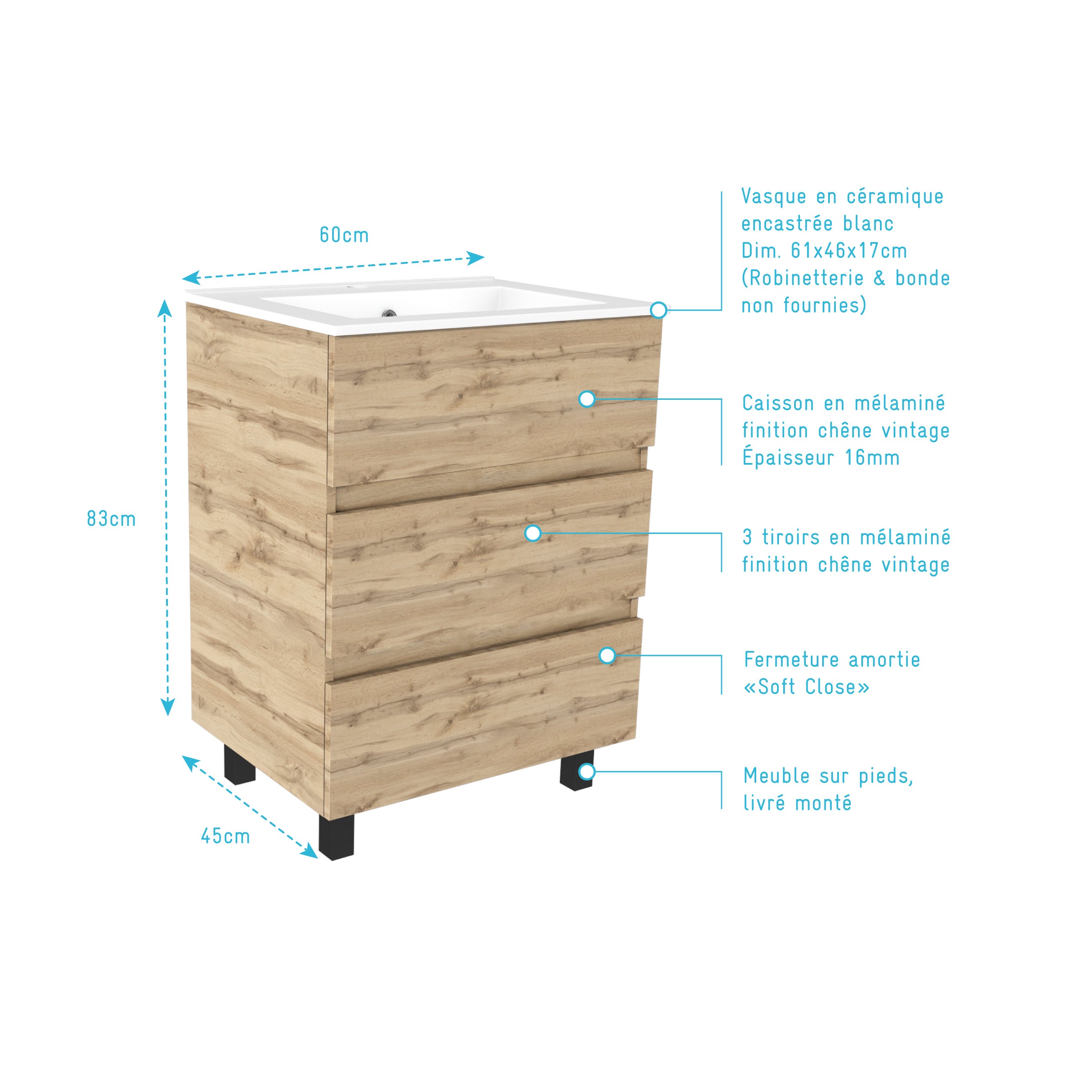 Meuble de salle de bains 60cm 3 Tiroirs_Chêne Naturel + Vasque céramique blanche - TIMBER 60 - 4
