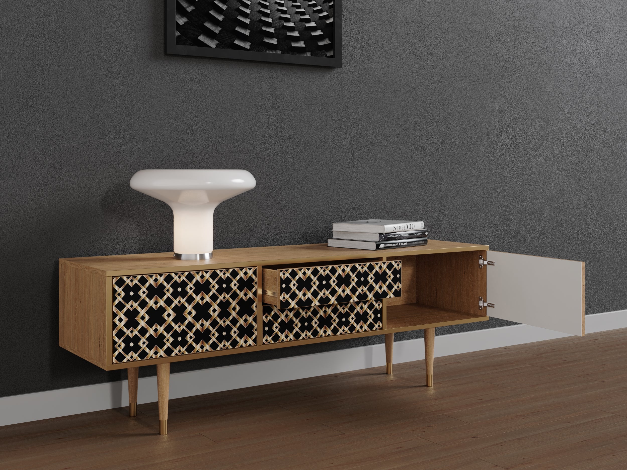 Mobile TV con due porte e due cassetti, lungo 170 cm, in rovere - 3