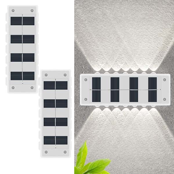 2 SZT. Solarna lampa ścienna 14 LED - Reflektor góra/dół, IP65 Wodoodporna, Białe Światło, Dekoracja Krajobrazowa do Ogrodu/Balkonu