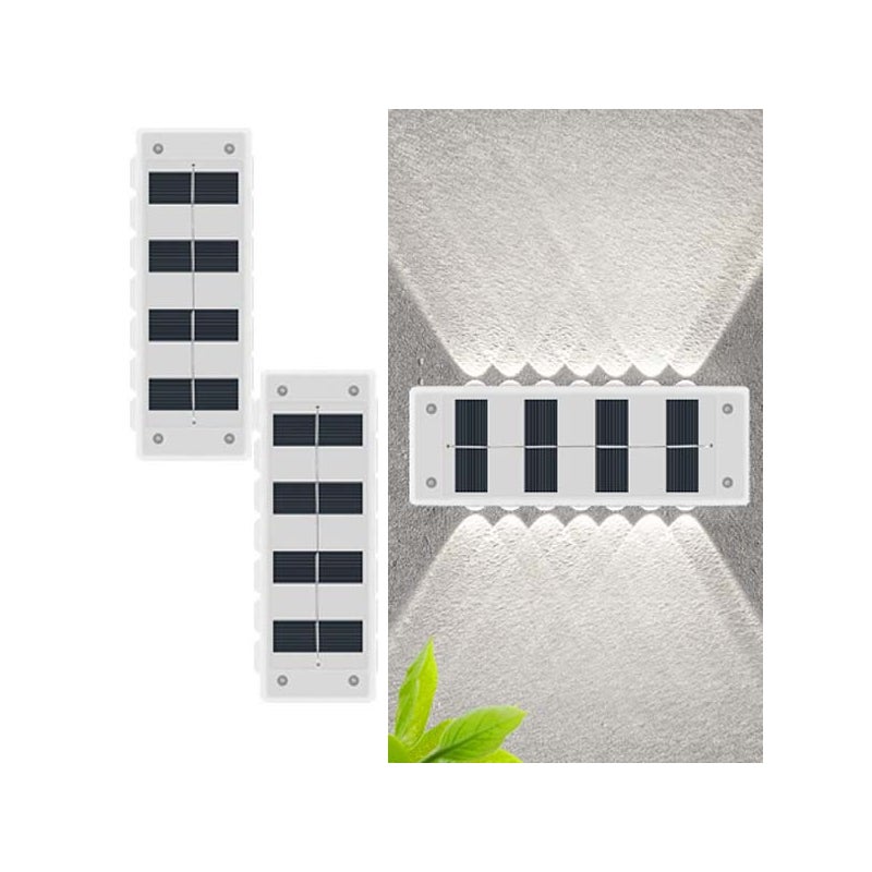 2 SZT. Solarna lampa ścienna 14 LED - Reflektor góra/dół, IP65 Wodoodporna, Białe Światło, Dekoracja Krajobrazowa do Ogrodu/Balkonu
