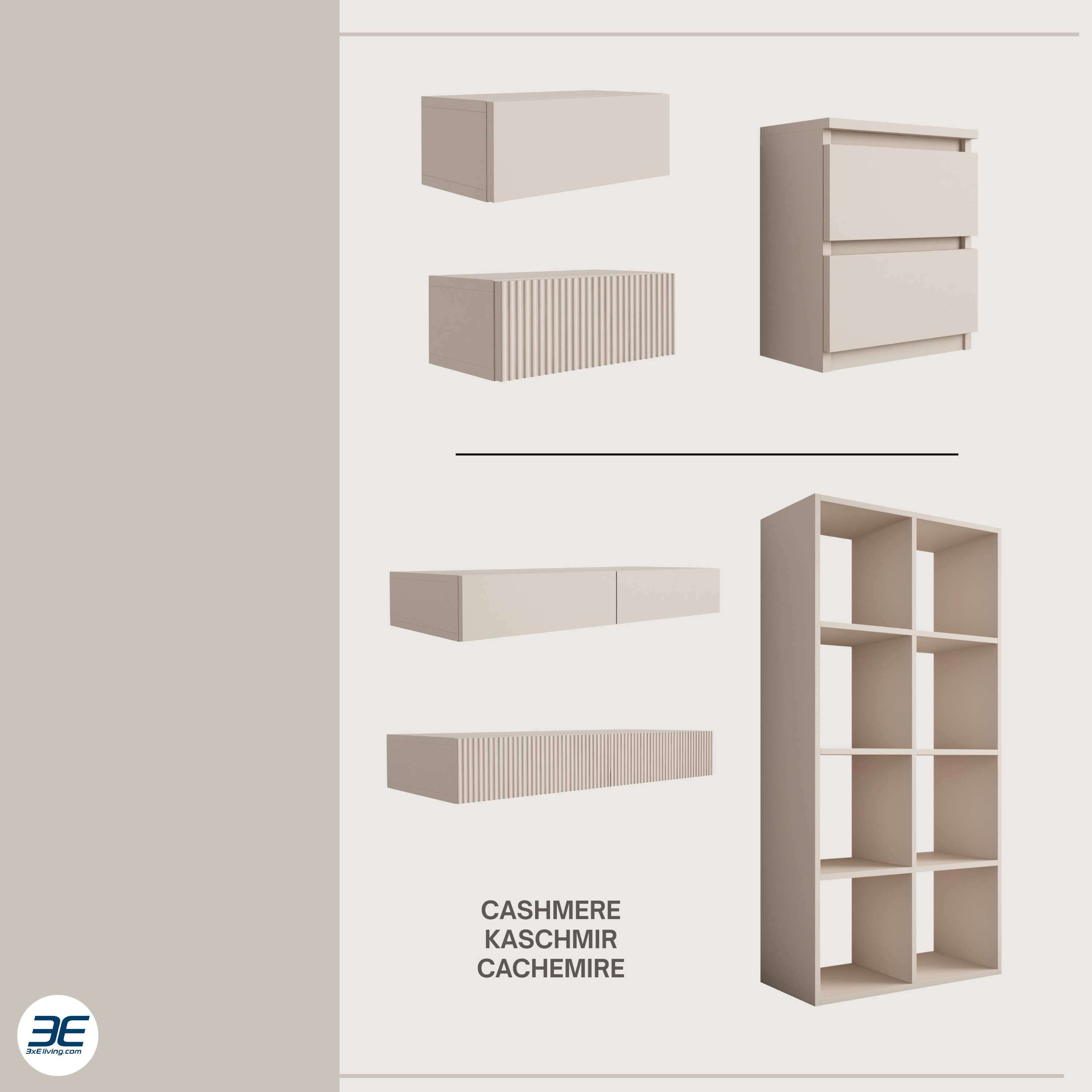 Comodino sospeso con cassetto – frontale scanalato, listelli – colore: Cashmere, 40 x 20 x 16 cm - 8