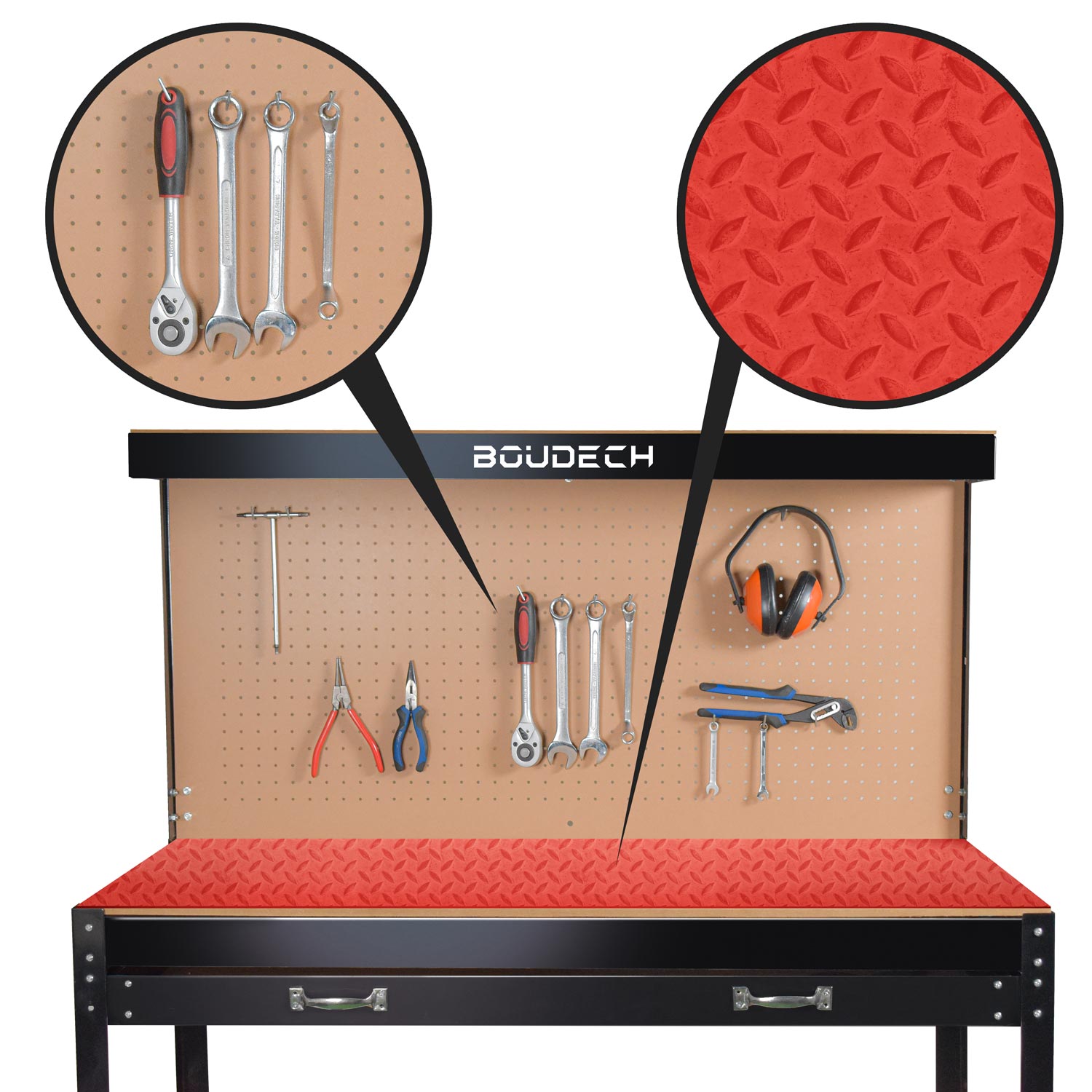 Banco de ferramentas metálico com parede e gavetas para oficina 120x60cm + 2 gavetas e 2 prateleiras para ferramentas + tapete - 3