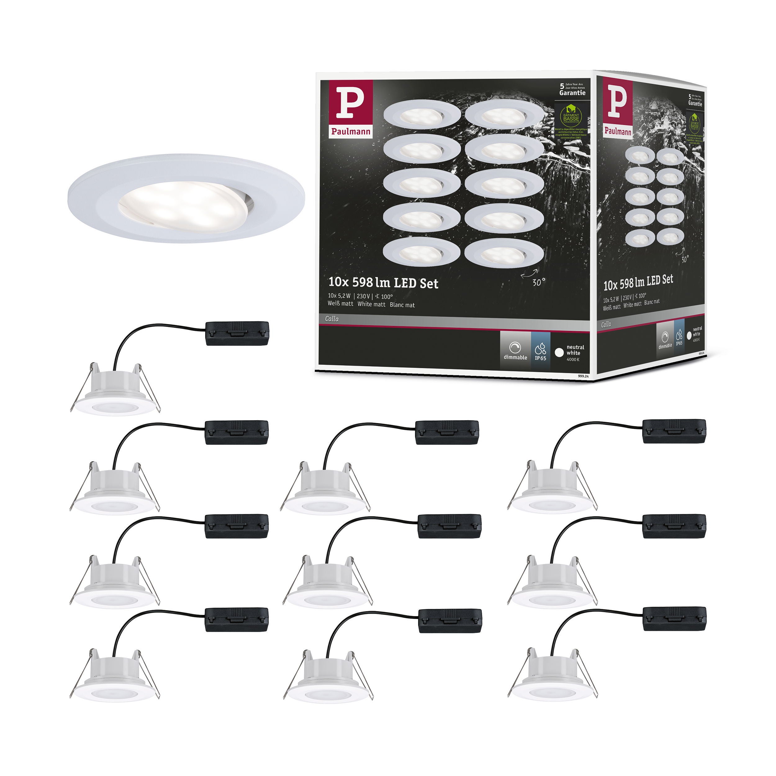 Spot encastré LED Calla Kit de base orientable IP65 rond 90 mm 30° 10x5,2W 10x460lm 230V gradable 4000K Blanc dépoli - 6