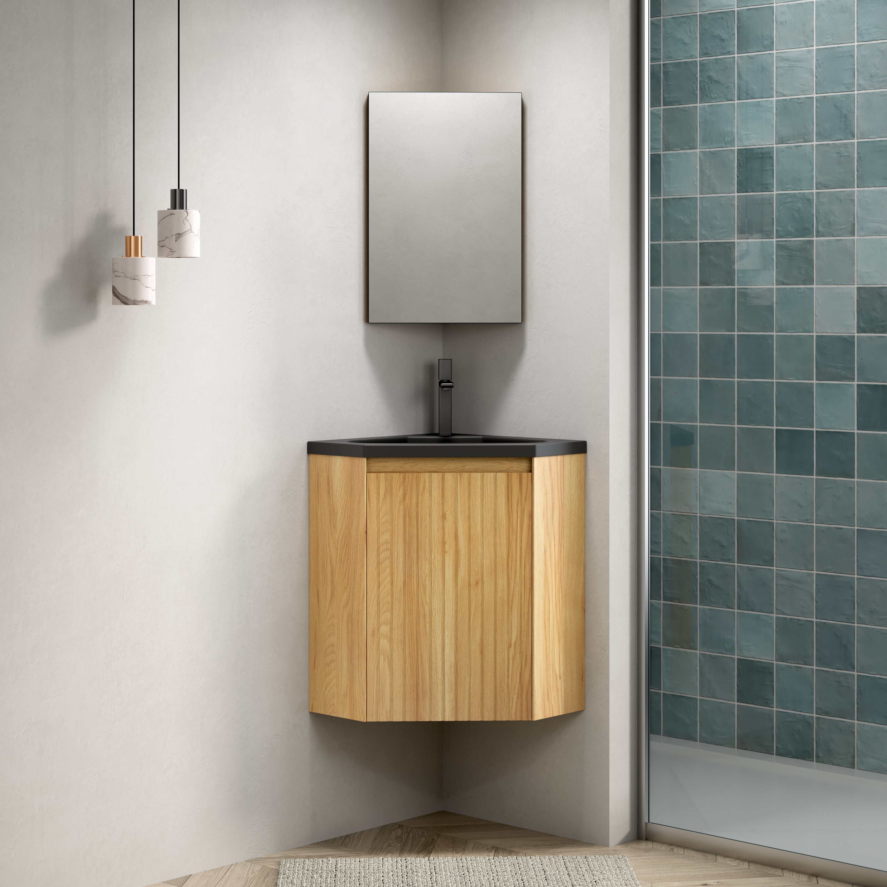 Mueble de baño suspendido de 38 cm con lavabo integrado de resina negra mate, premontado, color madera natural.