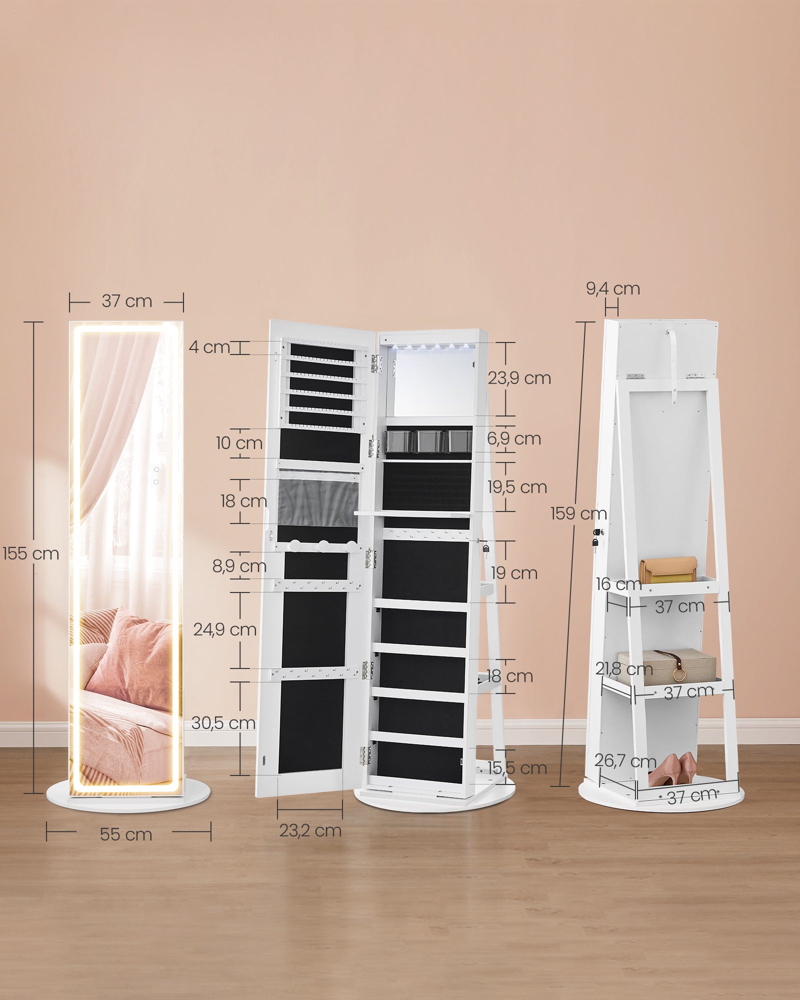 Armoire à Bijoux sur Pied, Armoire avec Miroir, avec Éclairage Réglable, Verrouillable, Pleine Longueur, Grand Espace de Rangement, Blanc Nuage - 5