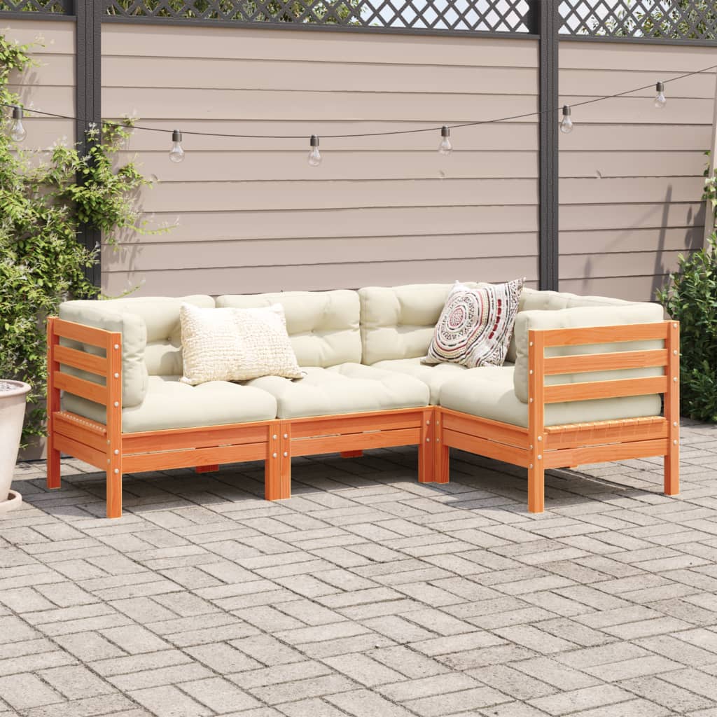 Salon de jardin 4 pcs avec coussins cire marron bois pin massif - 3