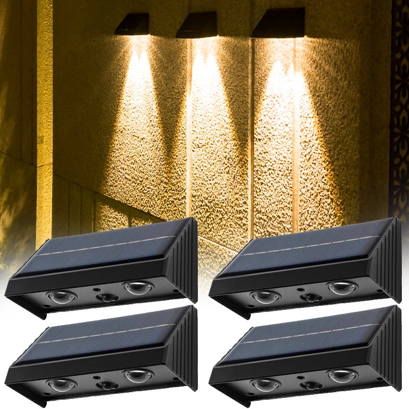 Zestaw 4 wodoodpornych lamp solarnych zewnętrznych na ogrodzenie, od zmierzchu do świtu, dekoracja ścienna zewnętrzna na mur, poręcz, ganek, do ogrodu