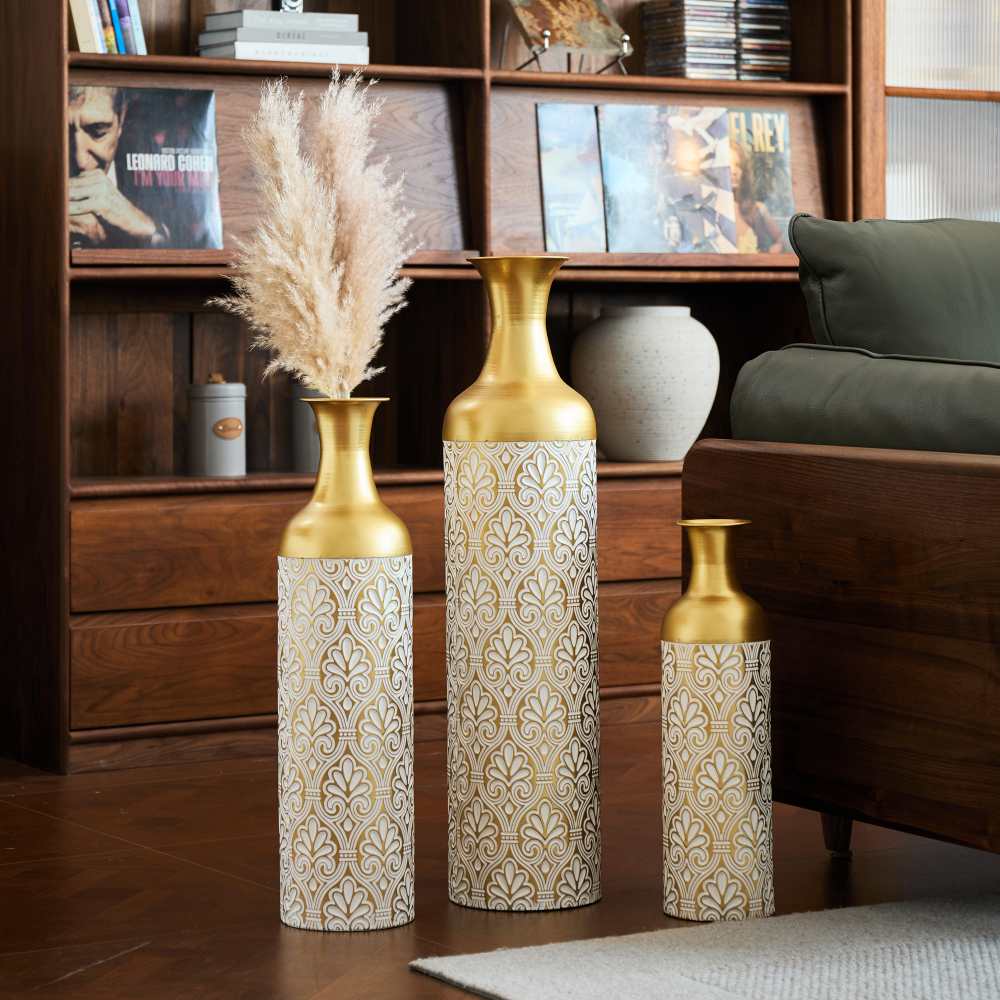 Conjunto de 3 vasos de chão em metal branco – Vasos decorativos grandes de 83/65/50 cm para flores secas, sala de estar e quarto. - 7