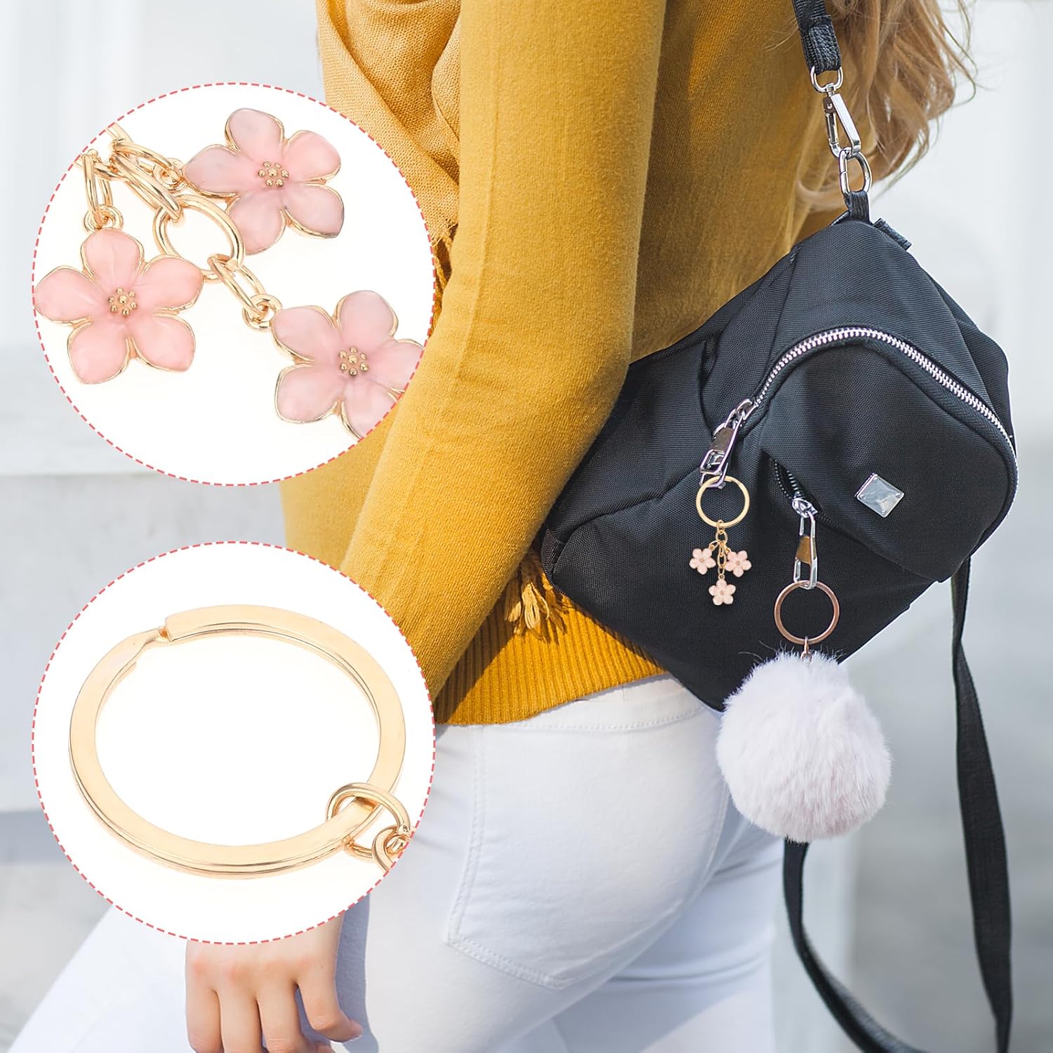 KALIONE Portachiavi A Forma Di Fiore Per Donne (3 Pezzi): Set Di Ciondoli Per Borsa In Rosa, Bianco E Blu, Accessori Moda In Metallo