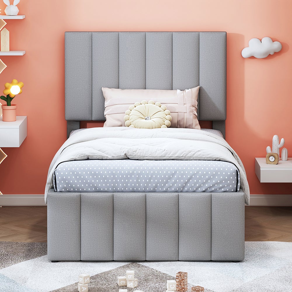 Lit simple 90 x 200 cm avec Lit gigogne 90 x 190 cm - 3 tiroirs - Tête de lit réglable - Tissu en lin - Gris - 2