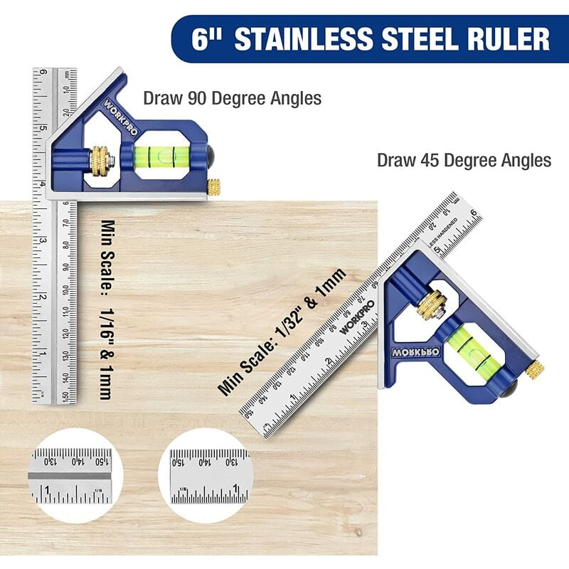 Equerre Menuisier 180 mm et Règle d'Angle de Combinaison 150mm, Equerre Combinée avec Niveau à Bulle en Acier Inoxydable, Ensemble d'Outils d'Equerre - 4