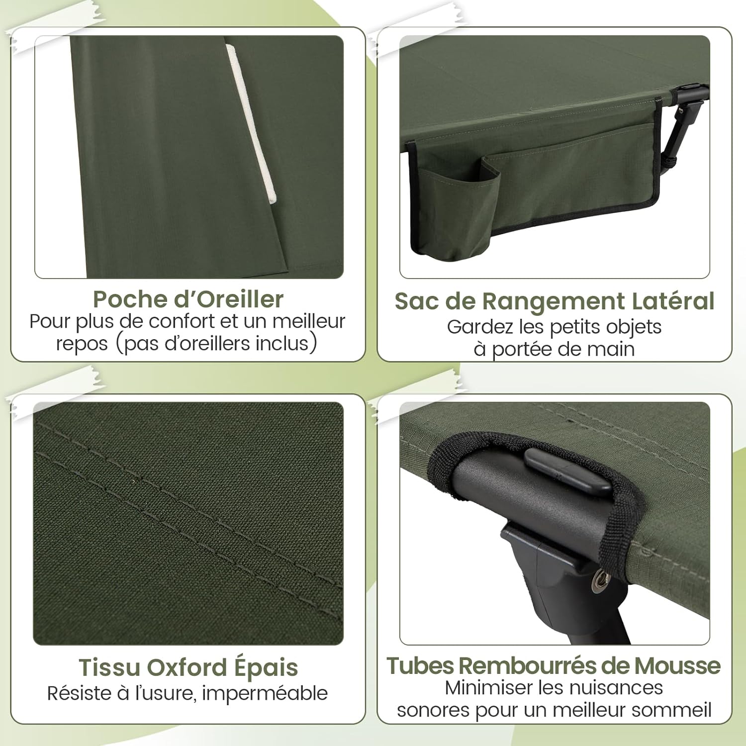 Cama de campanha dobrável para 1 pessoa, bolsa de transporte, bolso lateral, exterior para caminhadas, carga de 150 kg, 193 x 70 x 18 cm - 4