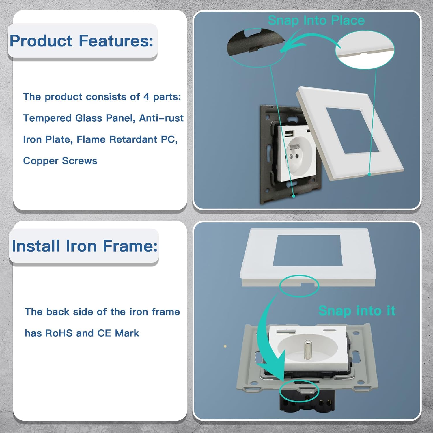 2 prise murale blanche avec USB et Type C, prise de courant en verre, 5v, 2100mA - 4