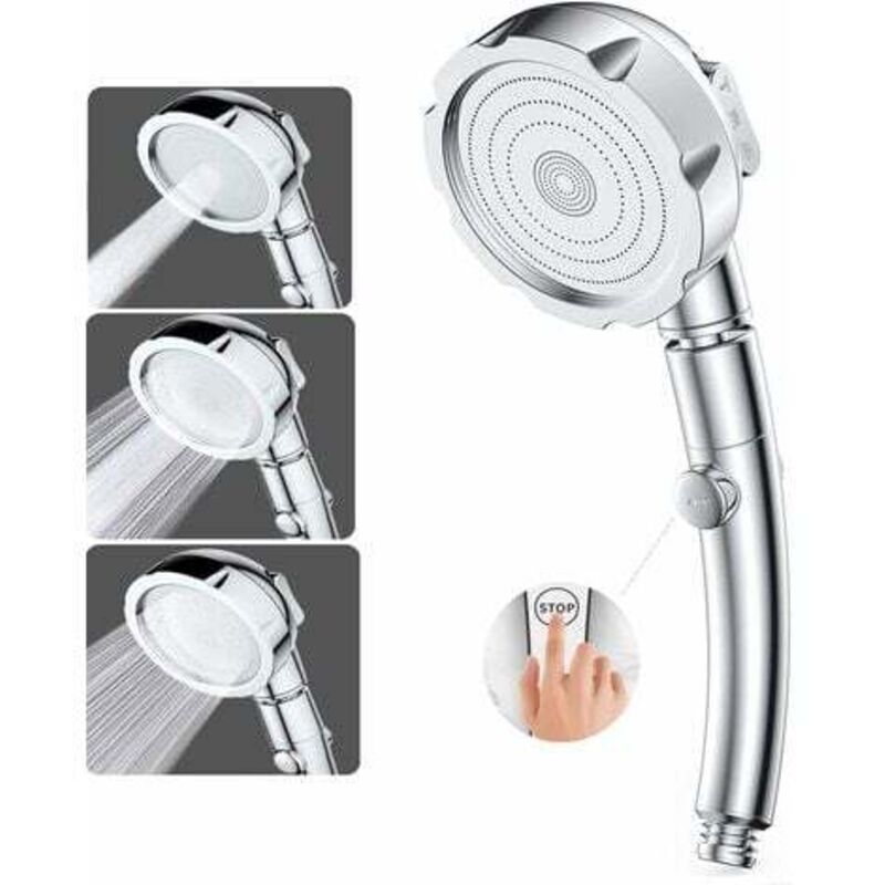 Cap de duș de înaltă presiune, 3 moduri, baie, ABS, oțel inoxidabil, buton de oprire universal, economisire apă