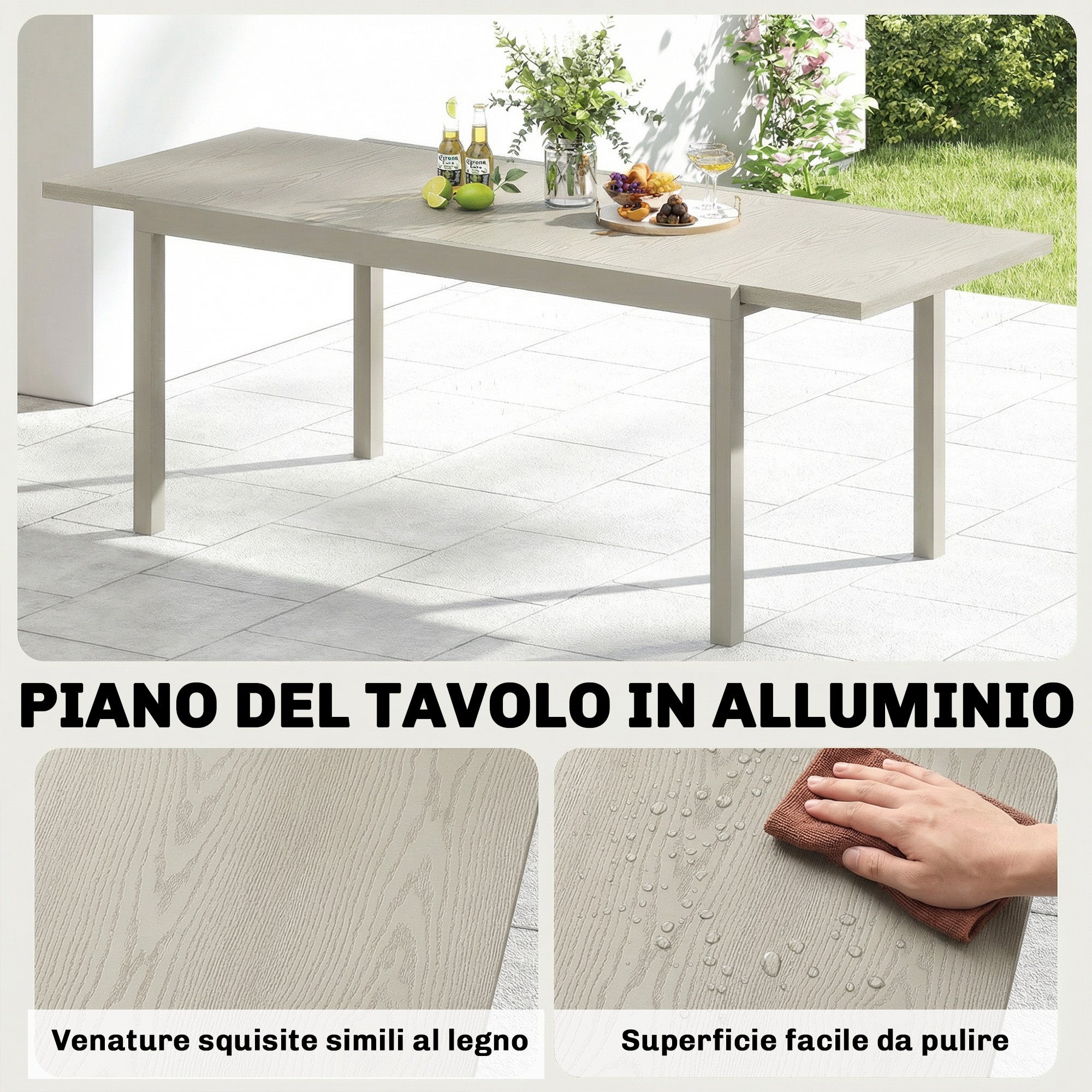 Table de jardin extensible pour 8 à 10 personnes, en aluminium et acier, 154/214 x 85 x 75 cm, gris clair - 7