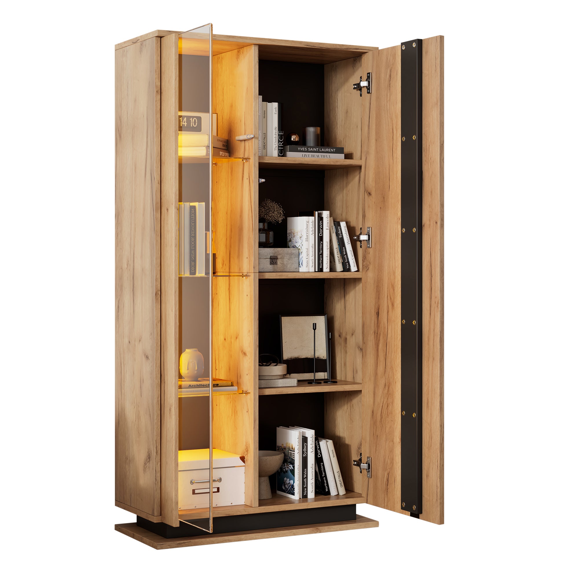 Vitrine avec 2 portes et 8 étagères - 80 x 35 x 160 cm - LEDs - Panneau de particules et acrylique - Naturel - 9